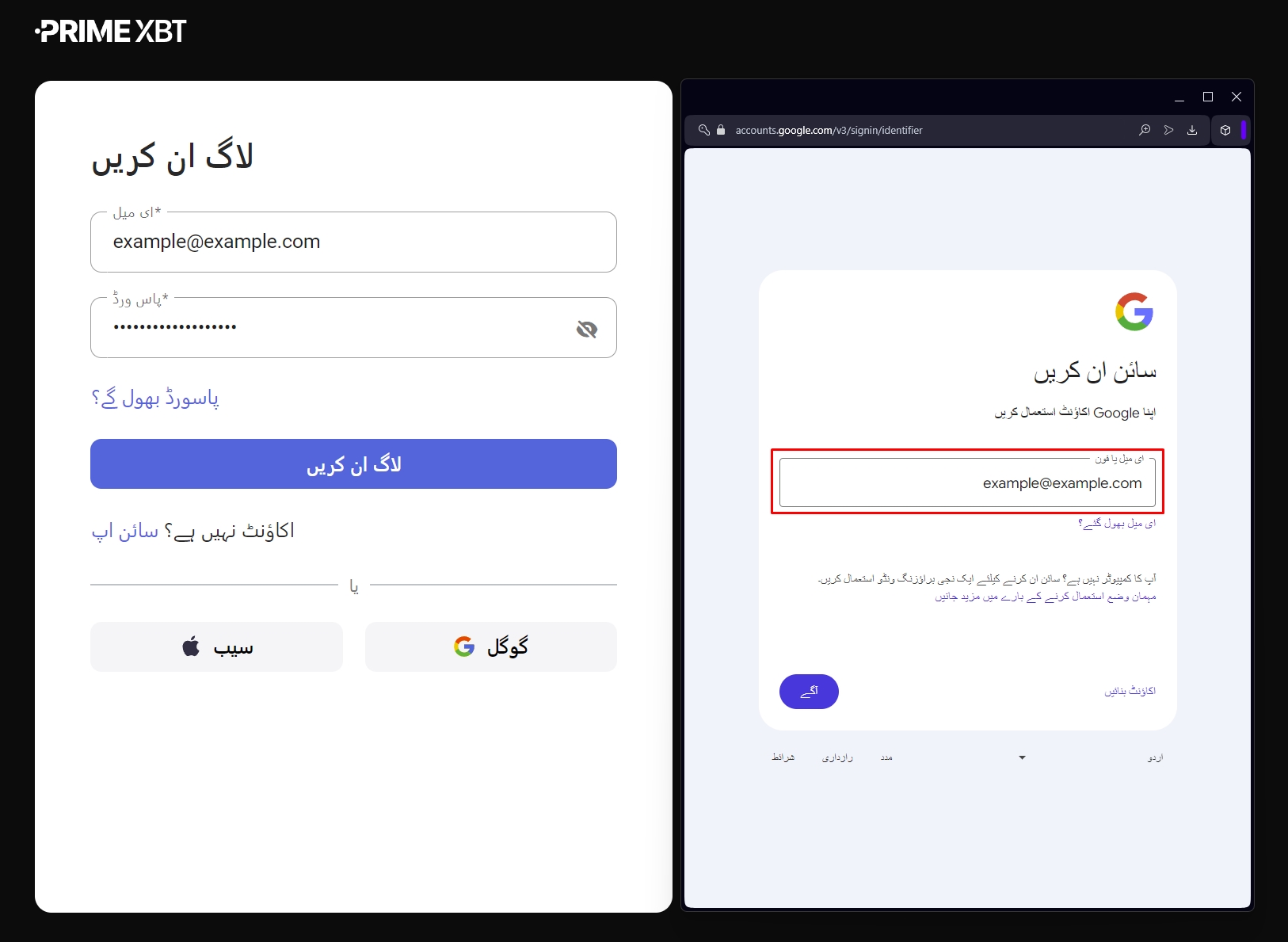 Google اکاؤنٹ کے ذریعے PrimeXBT لاگ ان۔